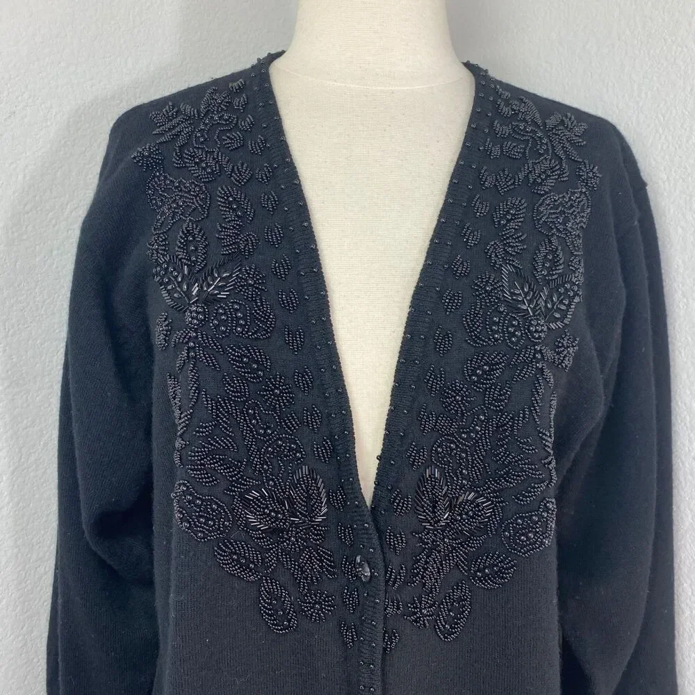 Vintage Karen Kane Black Merino Wool Beaded Cardigan Sweater Med Button Front